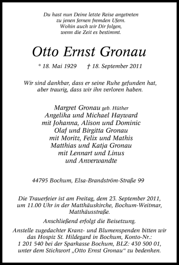 Traueranzeige von Otto Ernst Gronau von Tageszeitung