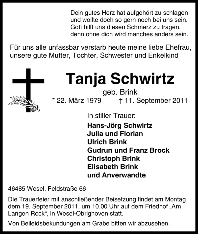  Traueranzeige für Tanja Schwirtz vom 14.09.2011 aus Tageszeitung