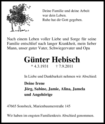Traueranzeige von Günter Hebisch von Tageszeitung