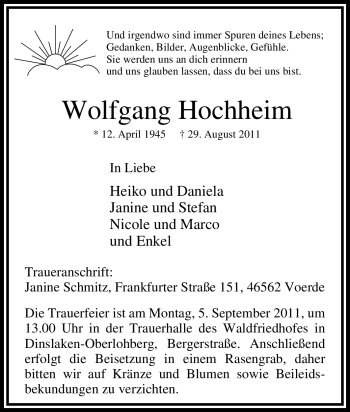 Traueranzeige von Wolfgang Hochheim von Tageszeitung