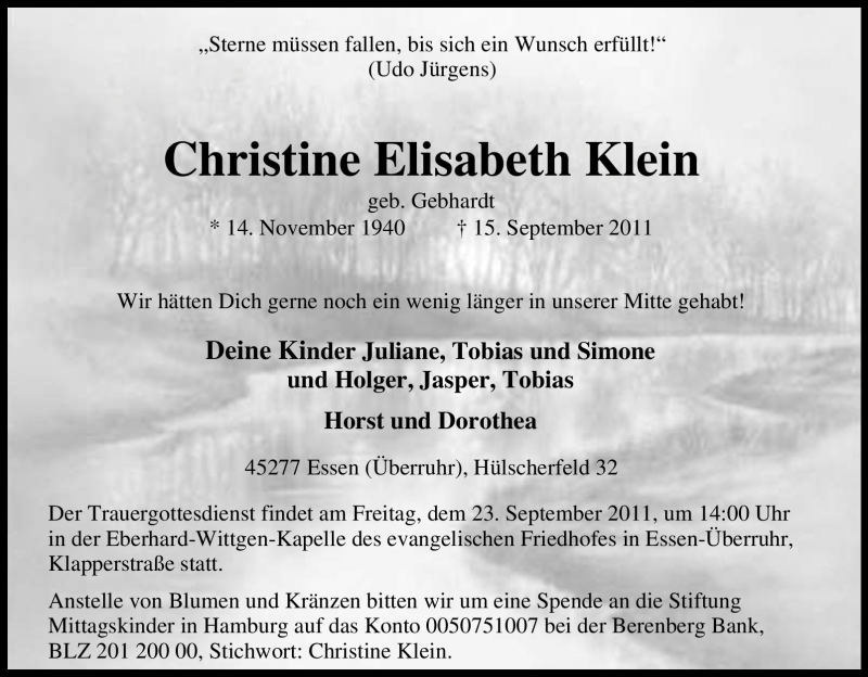  Traueranzeige für Christine Elisabeth Klein vom 21.09.2011 aus Tageszeitung