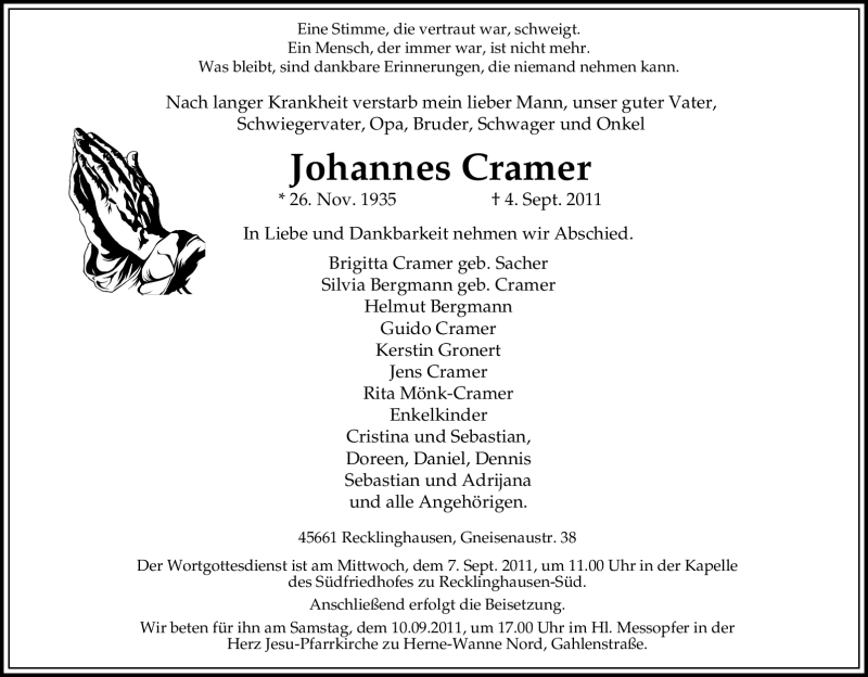  Traueranzeige für Johannes Cramer vom 07.09.2011 aus Tageszeitung