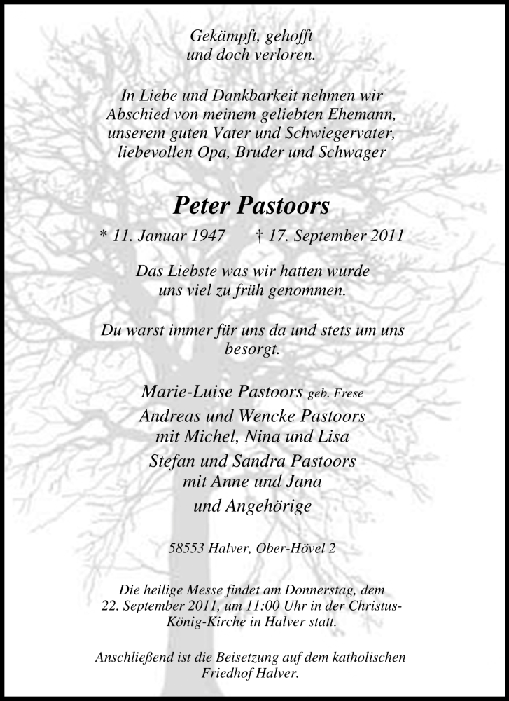  Traueranzeige für Peter Pastoors vom 20.09.2011 aus Tageszeitung
