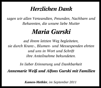 Traueranzeige von Maria Gurski von Tageszeitung