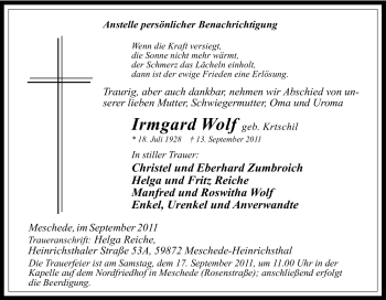 Traueranzeige von Irmgard Wolf von Tageszeitung