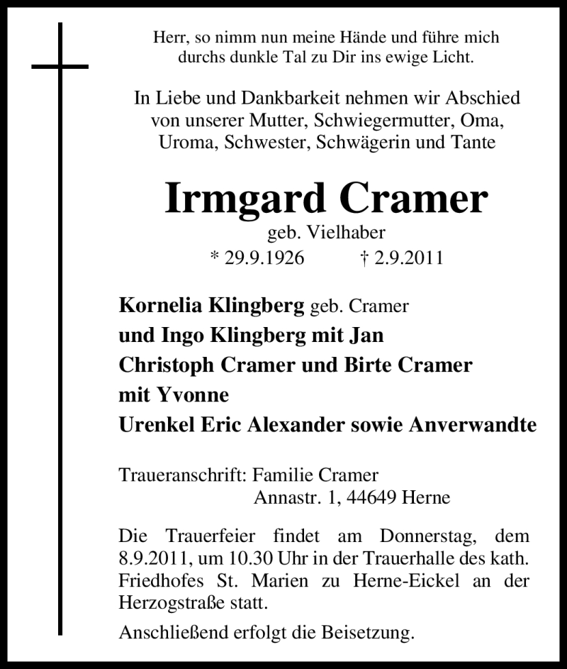  Traueranzeige für Irmgard Cramer vom 06.09.2011 aus Tageszeitung