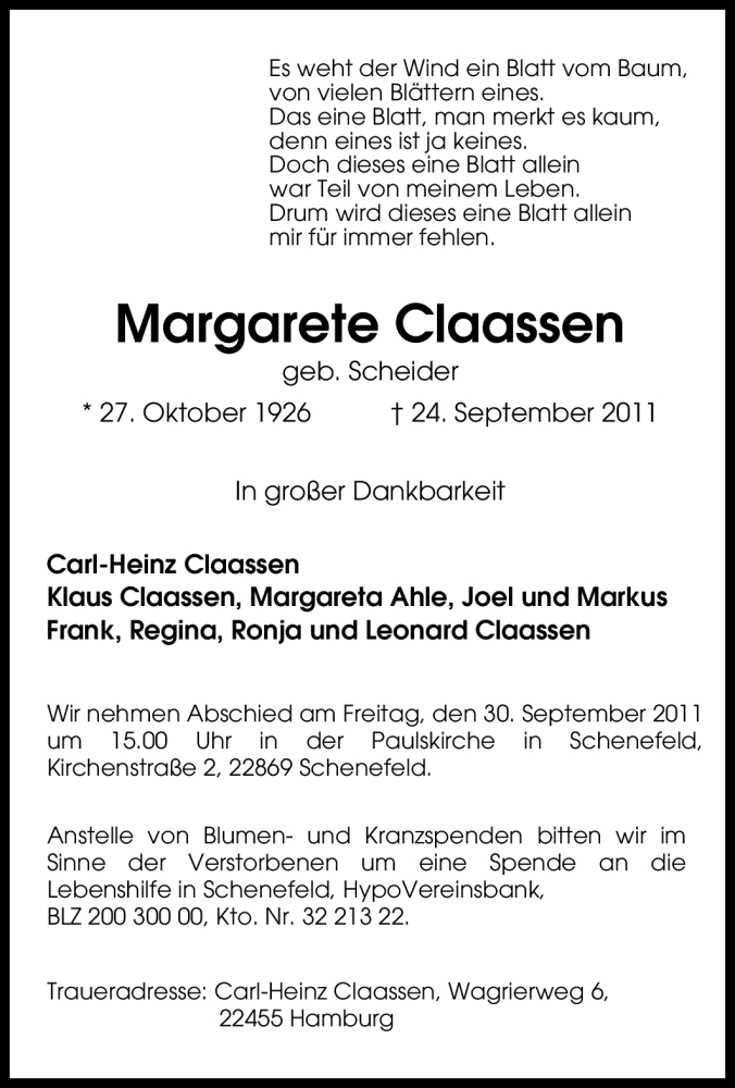  Traueranzeige für Margarete Claassen vom 28.09.2011 aus Tageszeitung