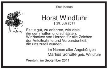 Traueranzeige von Horst Windfuhr von Tageszeitung