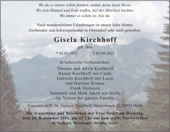 Traueranzeige von Gisela Kirchhoff von Tageszeitung