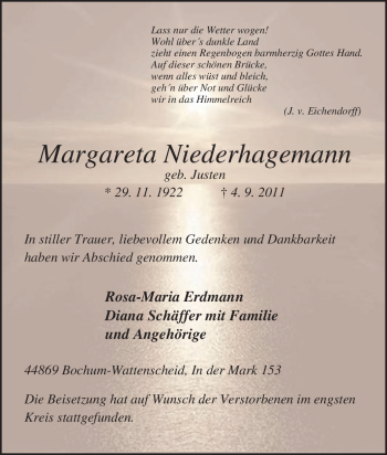 Traueranzeige von Margareta Niederhagemann von Tageszeitung