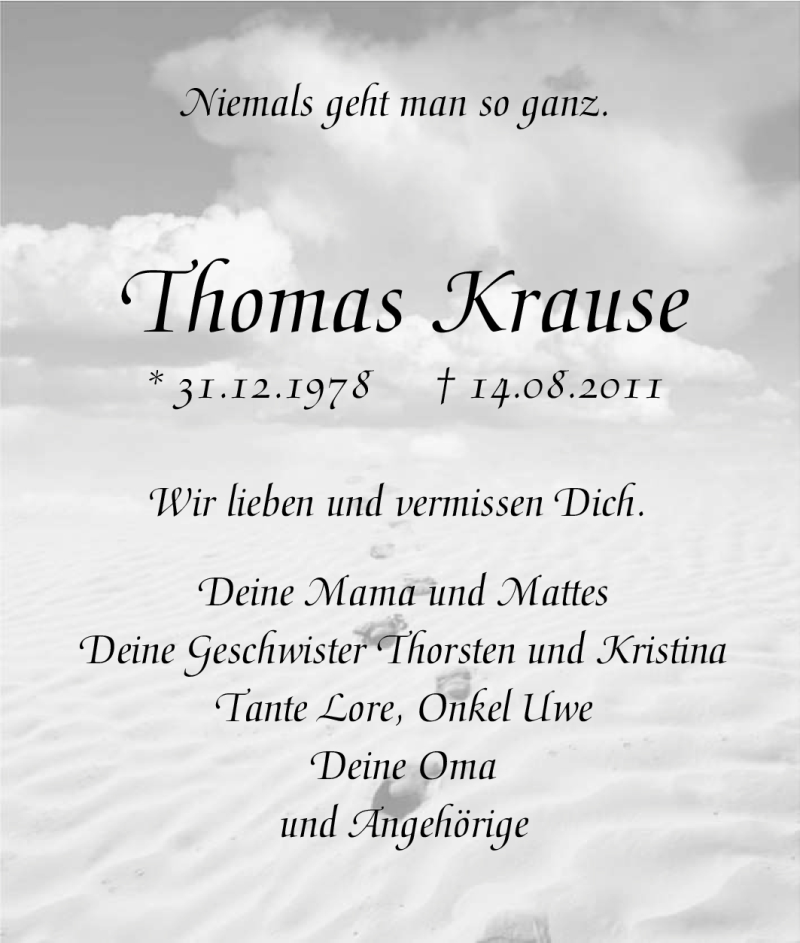  Traueranzeige für Thomas Krause vom 01.09.2011 aus Tageszeitung