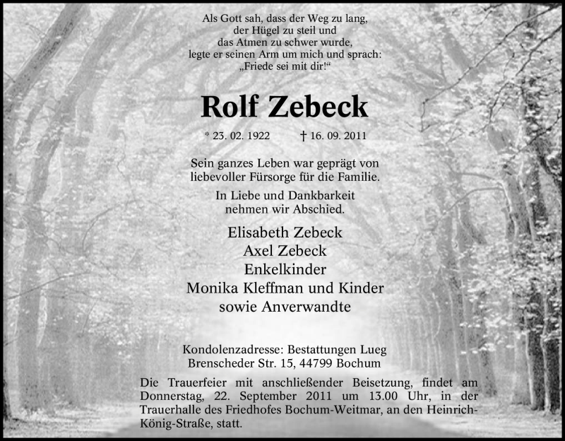  Traueranzeige für Rolf Zebeck vom 20.09.2011 aus Tageszeitung