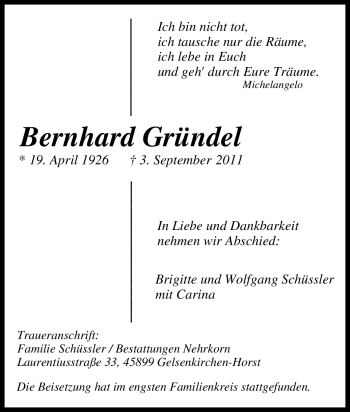Traueranzeige von Bernhard Gründel von Tageszeitung