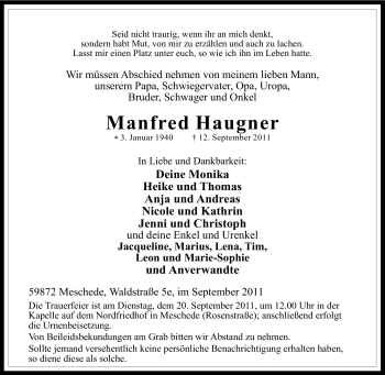 Traueranzeige von Manfred Haugner von Tageszeitung