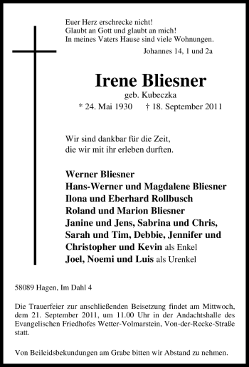 Traueranzeige von Irene Bliesner von Tageszeitung