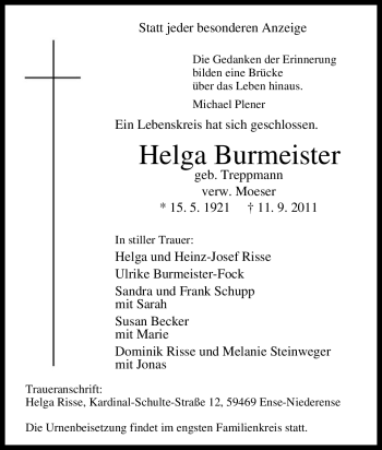 Traueranzeige von Helga Burmeister von Tageszeitung