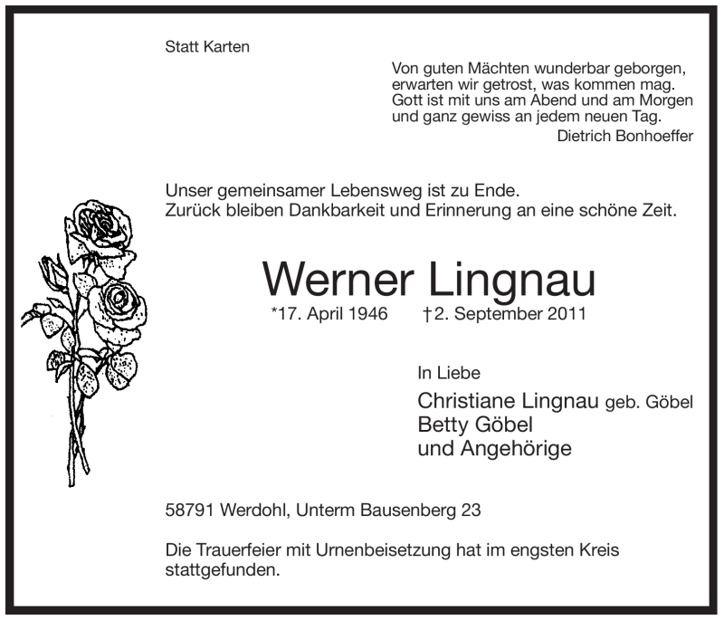  Traueranzeige für Werner Lingnau vom 13.09.2011 aus Tageszeitung