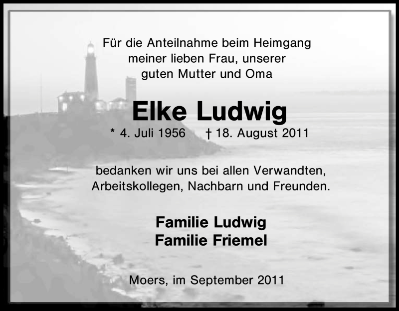  Traueranzeige für Elke Ludwig vom 10.09.2011 aus Tageszeitung