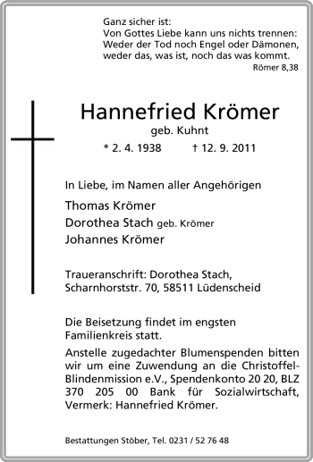 Traueranzeige von Hannefried Krömer von Tageszeitung
