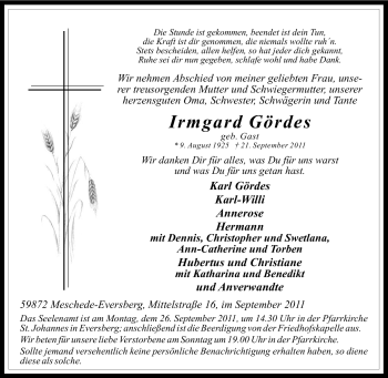 Traueranzeige von Irmgard Gördes von Tageszeitung