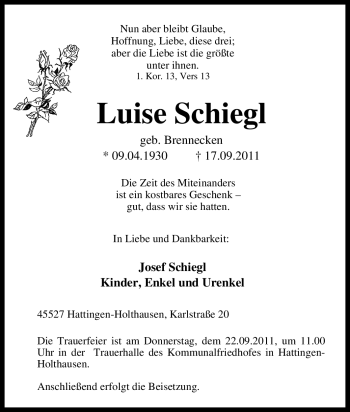 Traueranzeige von Luise Schiegl von Tageszeitung