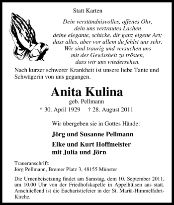 Traueranzeige von Anita Kulina von Tageszeitung