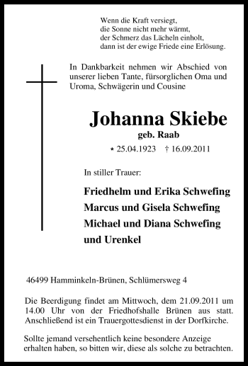 Traueranzeige von Johanna Skiebe von Tageszeitung
