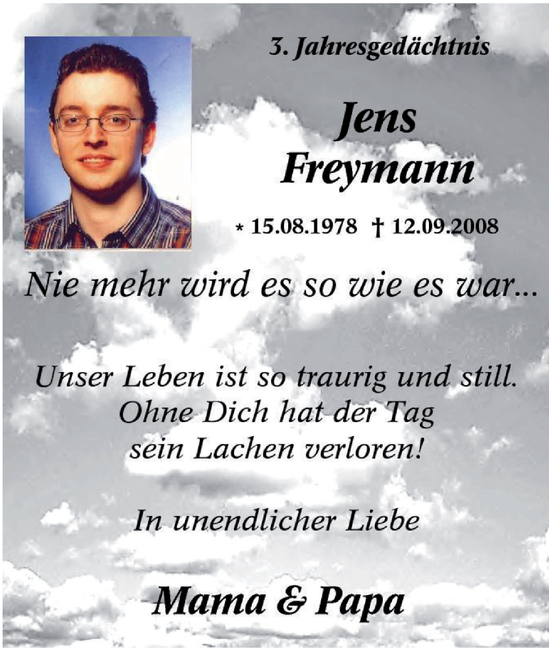  Traueranzeige für Jens Freymann vom 17.09.2011 aus Tageszeitung