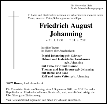 Traueranzeige von Friedrich August Johanning von Tageszeitung
