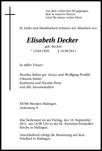 Traueranzeige von Elisabeth Decker von Tageszeitung