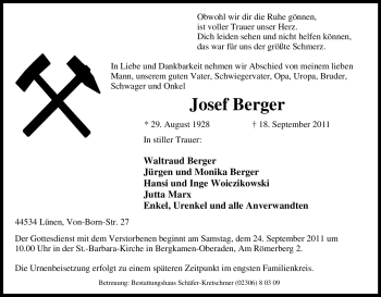 Traueranzeige von Josef Berger von Tageszeitung