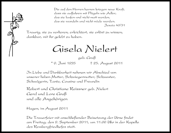 Traueranzeige von Gisela Nielert von Tageszeitung