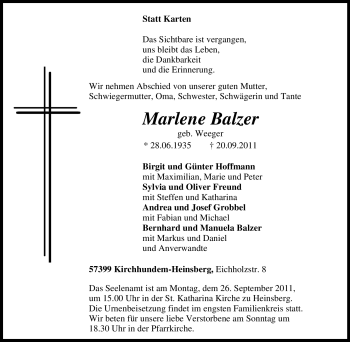 Traueranzeige von Marlene Balzer von Tageszeitung