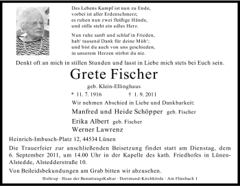 Traueranzeige von Grete Fischer von Tageszeitung