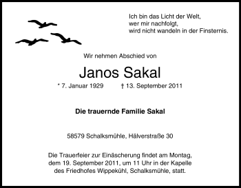 Traueranzeige von Janos Sakal von Tageszeitung