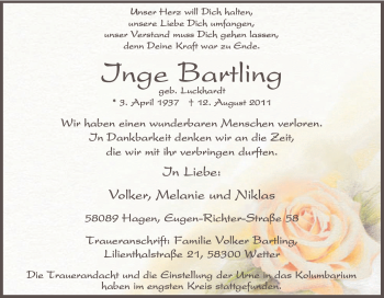 Traueranzeige von Inge Bartling von Tageszeitung