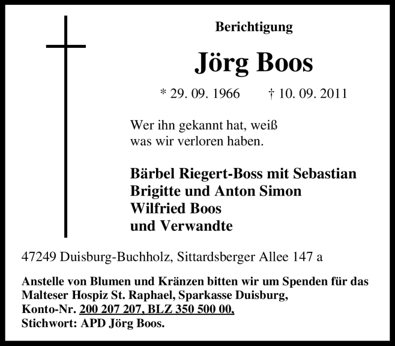  Traueranzeige für Jörg Boos vom 16.09.2011 aus Tageszeitung