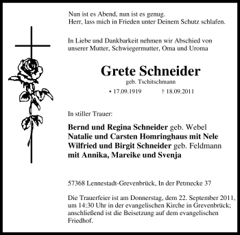 Traueranzeige von Grete Schneider von Tageszeitung
