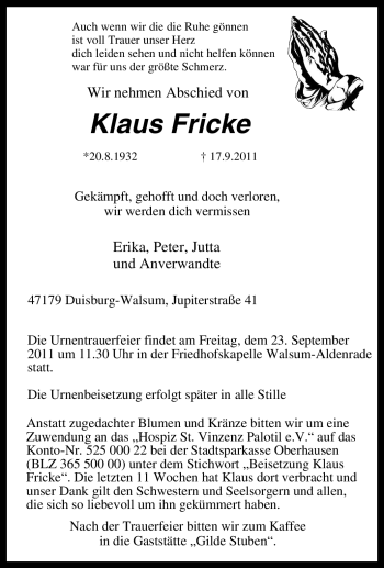 Traueranzeige von Klaus Fricke von Tageszeitung