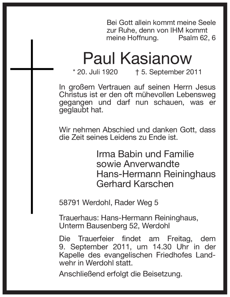  Traueranzeige für Paul Kasianow vom 07.09.2011 aus Tageszeitung