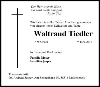 Traueranzeige von Waltraud Tiedler von Tageszeitung