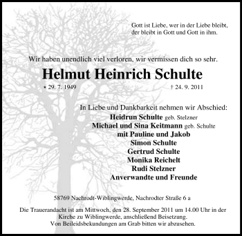 Traueranzeige von Helmut Heinrich Schulte von Tageszeitung