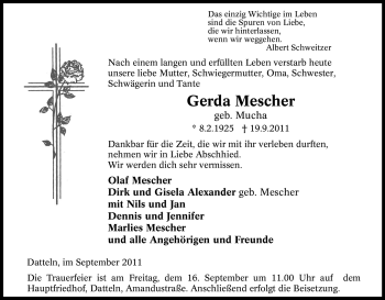Traueranzeige von Gerda Mescher von Tageszeitung