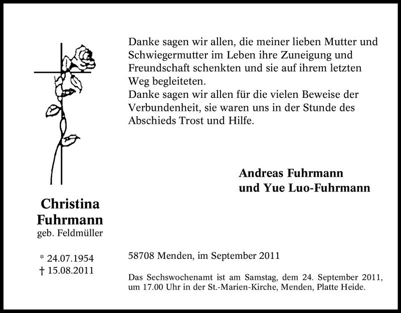  Traueranzeige für Christina Fuhrmann vom 19.09.2011 aus Tageszeitung