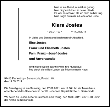 Traueranzeige von Klara Jostes von Tageszeitung