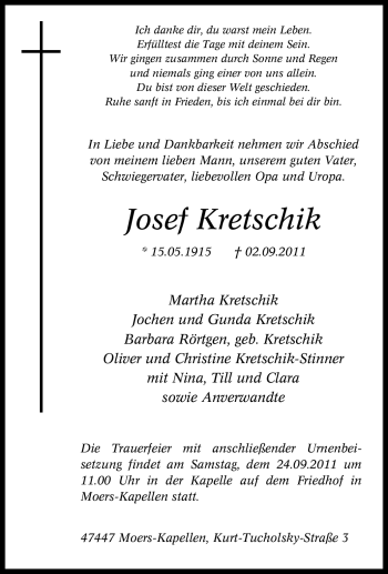 Traueranzeige von Josef Kretschik von Tageszeitung