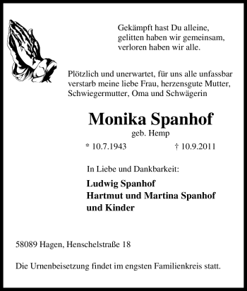 Traueranzeige von Monika Spanhof von Tageszeitung