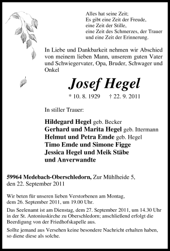 Traueranzeige von Josef Hegel von Tageszeitung