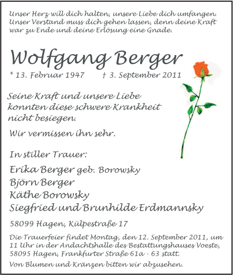  Traueranzeige für Wolfgang Berger vom 06.09.2011 aus Tageszeitung