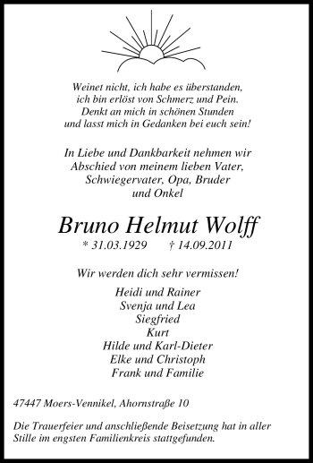 Traueranzeige von Bruno Helmut Wolff von Tageszeitung